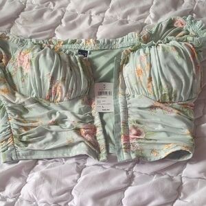 SHEIN Floral Ruched Off-Shoulder Blouse in Soft Green